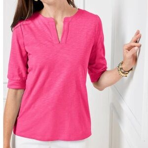Talbots 2024 Split Neck Tshirt elbow sleeve vivid pink large